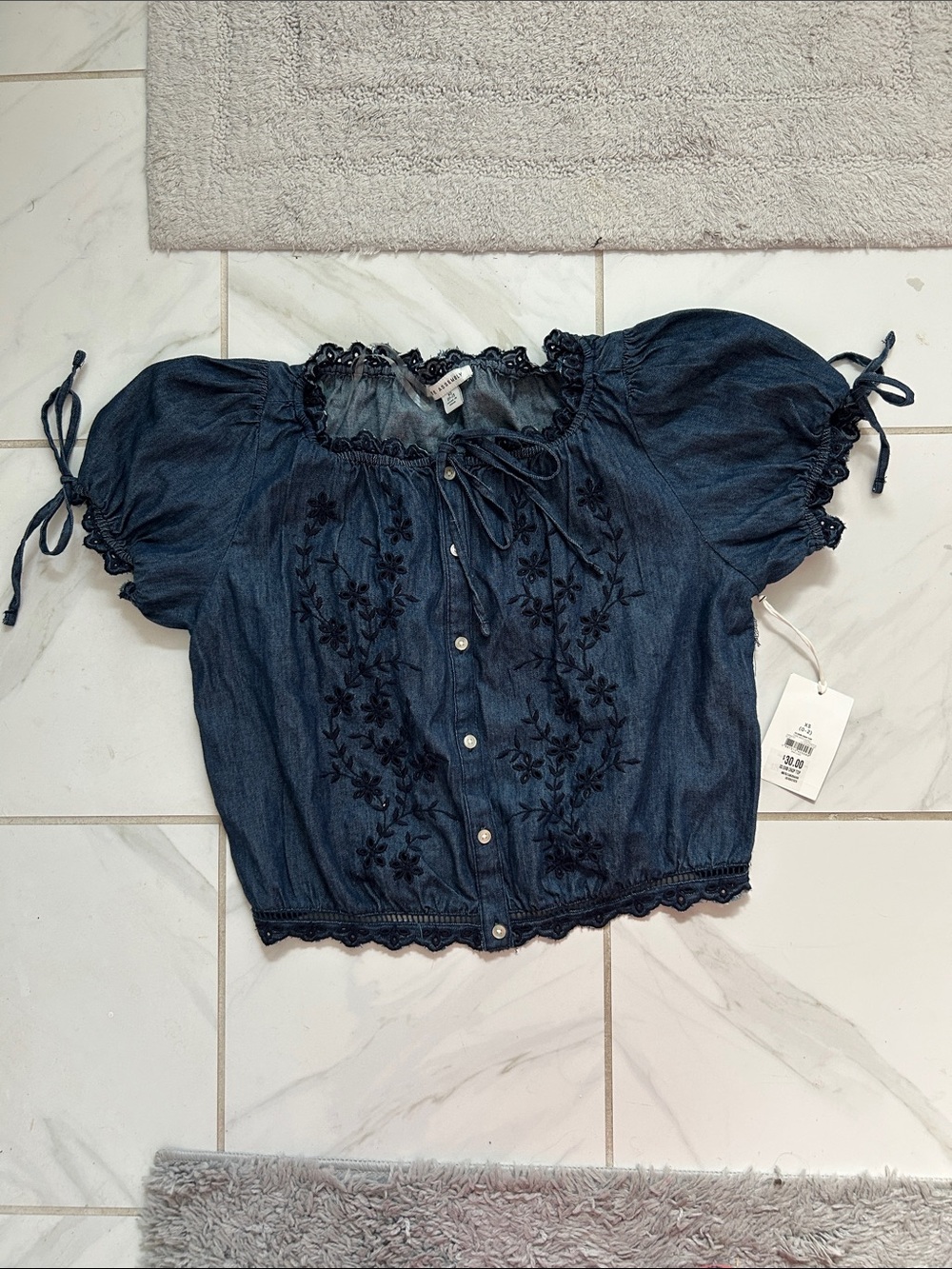 Embroidered Dark Denim Peasant Blouse with Puff Sleeves